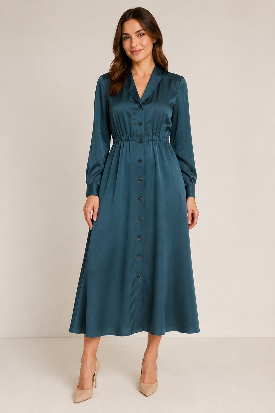 VTG Liz Claiborne 100% Silk Maxi Dress Size 10 Green Button Front Long Sleeve - Picture 1 of 6